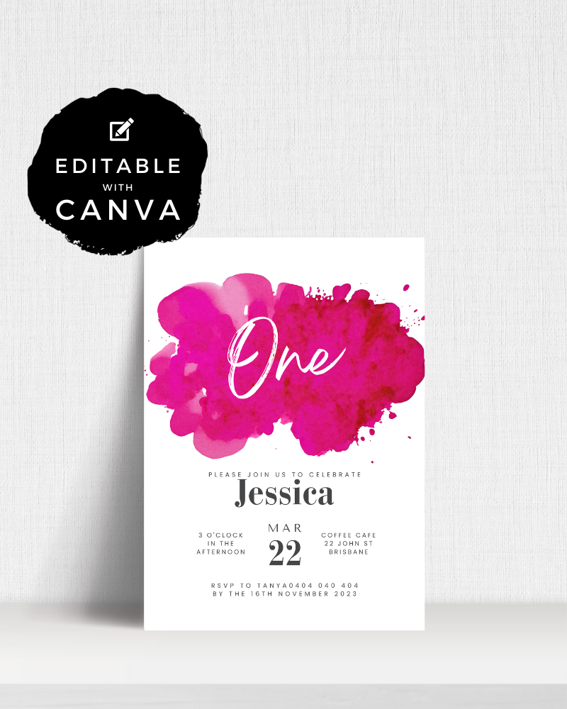 Invitation featuring vibrant pink watercolor elements, celebrating Jessica's first birthday on March 22 at a café.