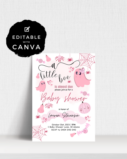 Cute pink ghosts and spiders decorate a baby shower invitation with playful fonts and Halloween-themed elements.