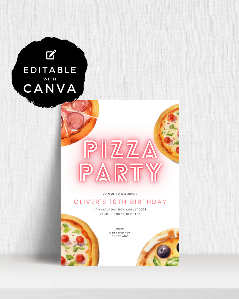 Colorful invitation for a pizza-themed birthday party featuring multiple pizza illustrations and bright, bold text.