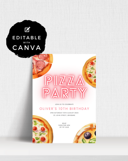 Colorful invitation for a pizza-themed birthday party featuring multiple pizza illustrations and bright, bold text.