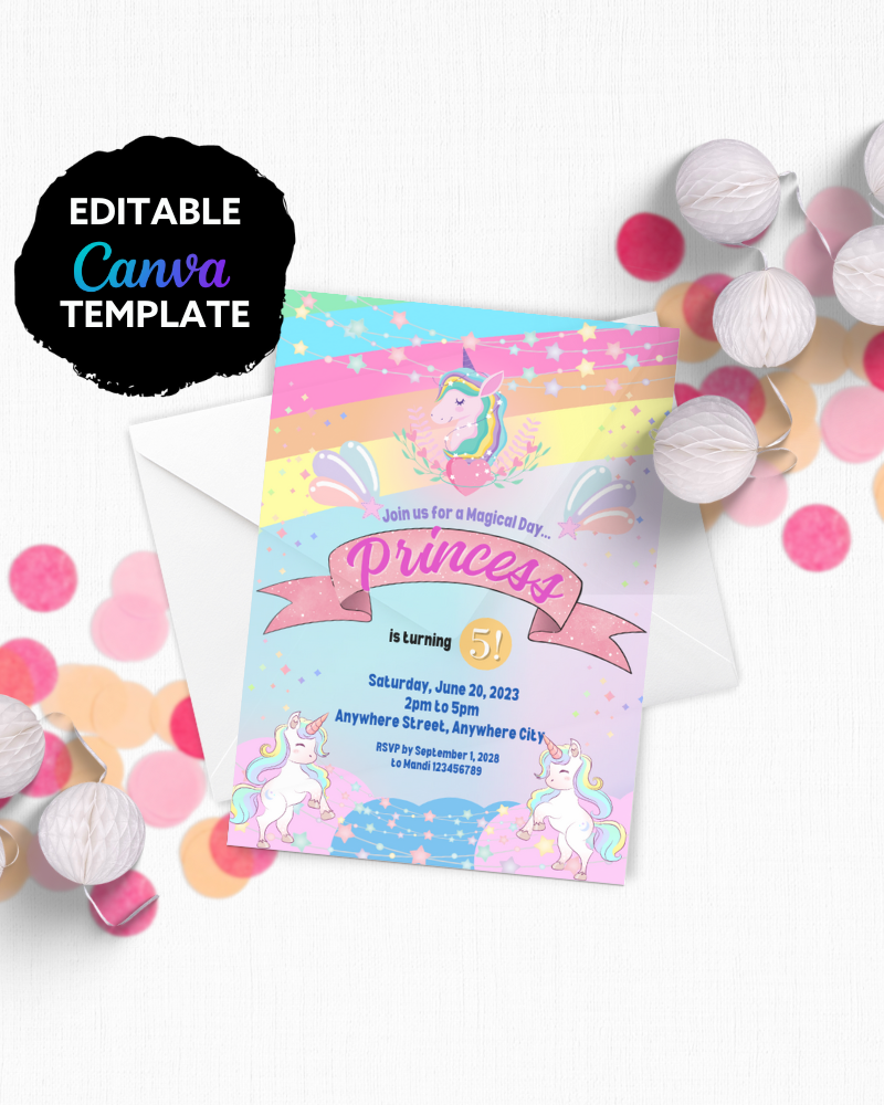 Colorful birthday invitation featuring unicorns, pastel hues, and playful elements for a magical celebration.