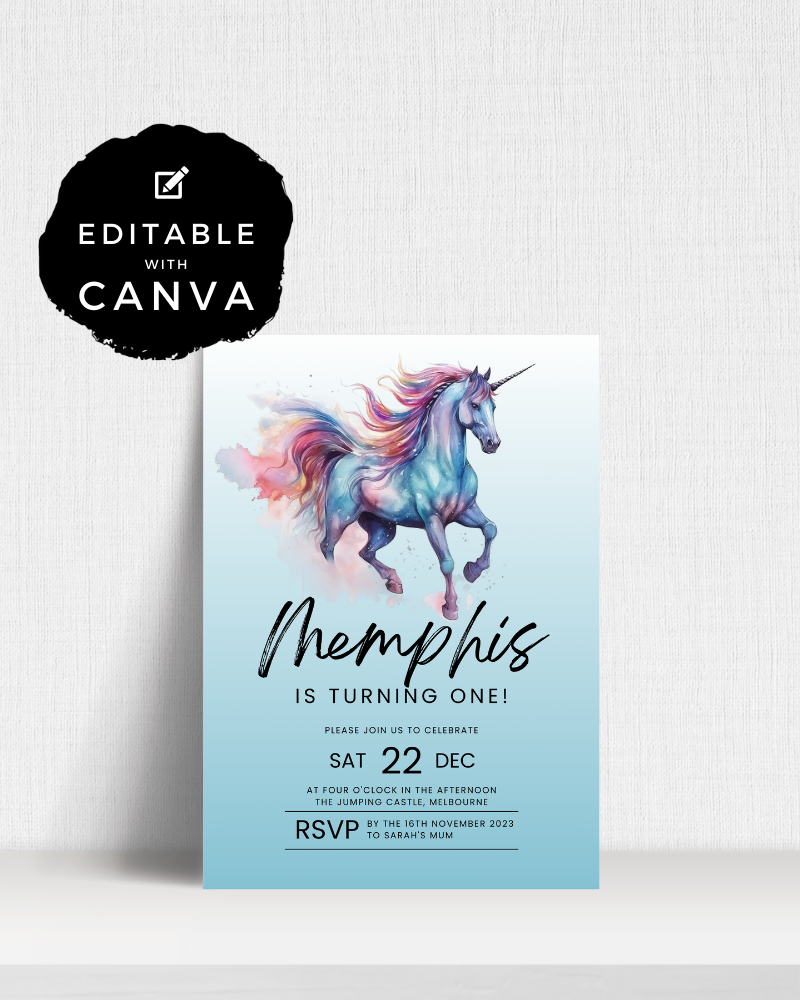 Colorful unicorn illustration with flowing mane, inviting RSVP details for a child's first birthday celebration.