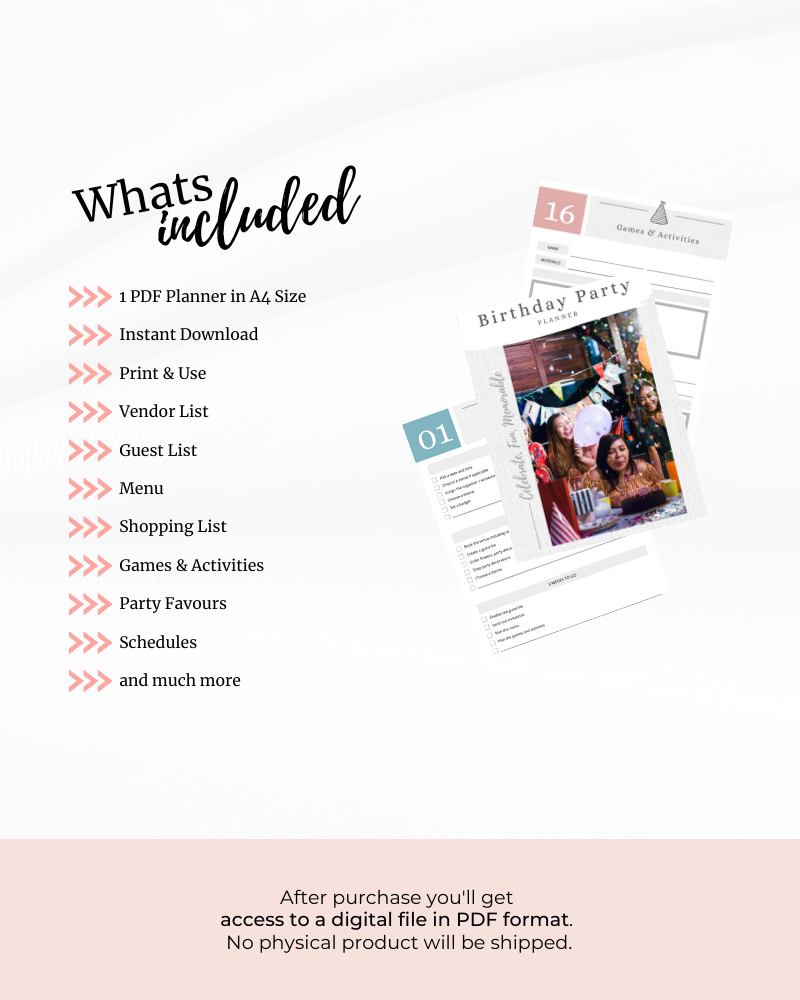 A digital planner featuring lists for guests, vendors, and activities, ideal for organizing birthday celebrations.