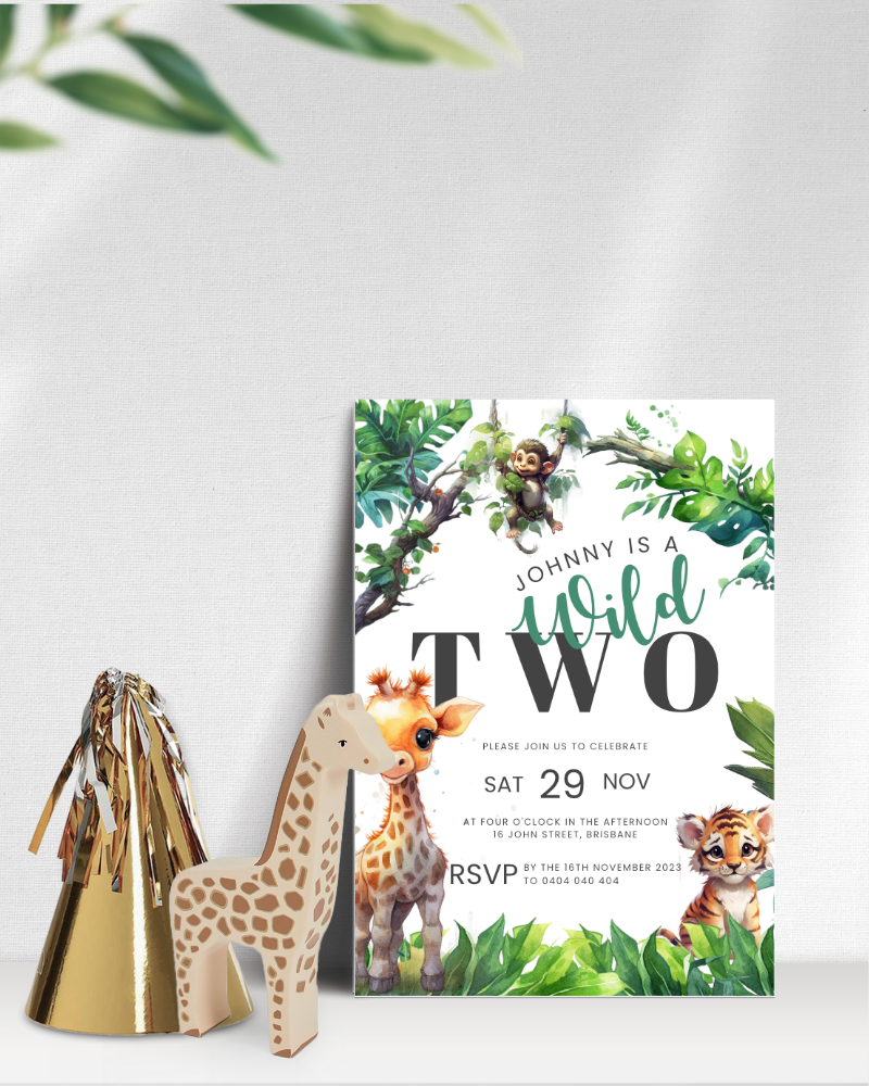 A colorful birthday invitation featuring a monkey, giraffe, and tiger against lush greenery and a celebratory theme.