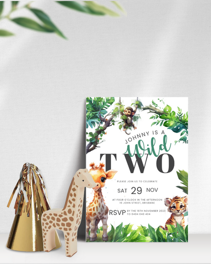 A colorful birthday invitation featuring a monkey, giraffe, and tiger against lush greenery and a celebratory theme.