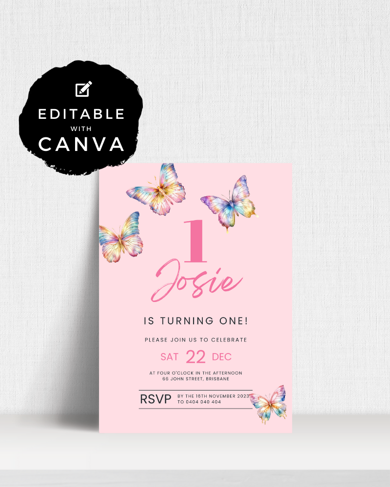 Invitation featuring colorful butterflies on a pink background, celebrating Josie's first birthday with RSVP details.