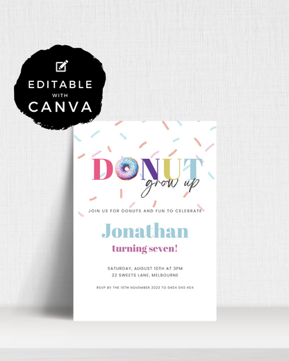 Colorful invitation featuring playful text and sprinkles, celebrating Jonathan's seventh birthday party.