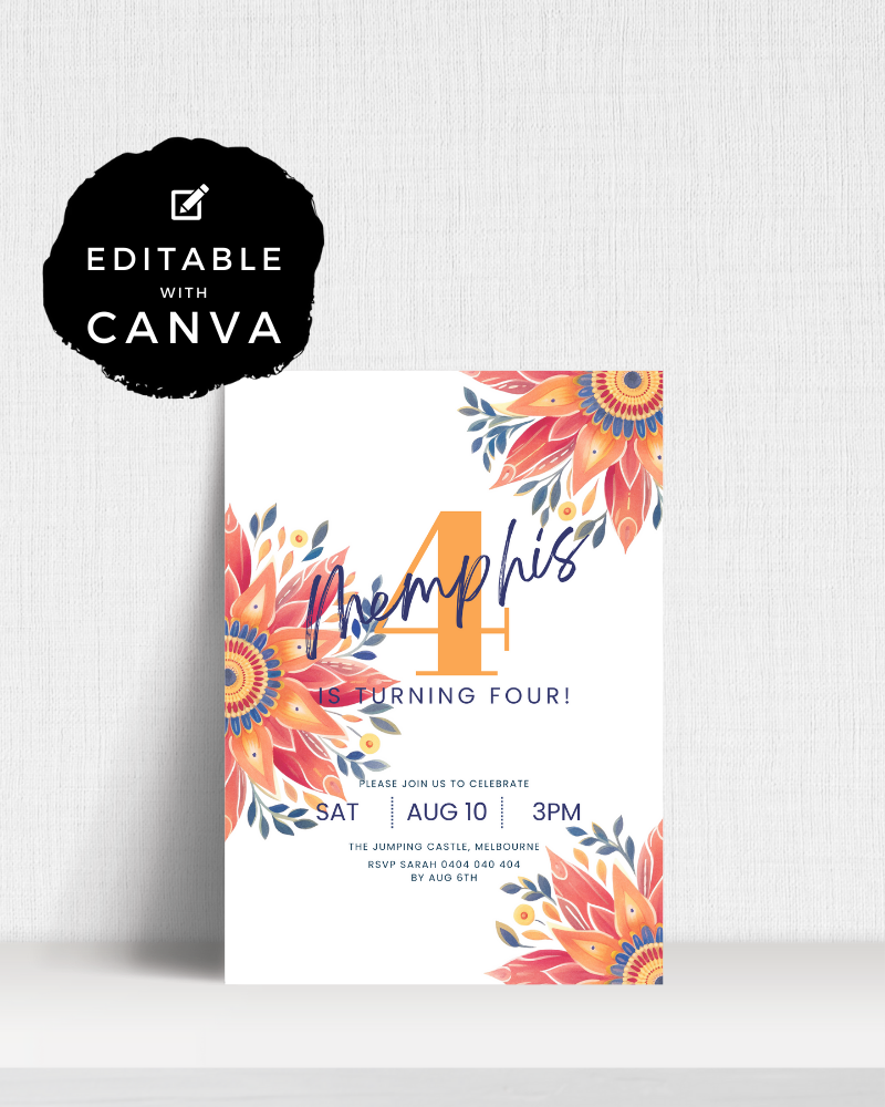 Colorful floral design with bold "4" for a birthday celebration invitation, featuring vibrant shades and elegant typography.