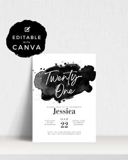 A modern invite featuring black watercolor splashes with elegant typography for a birthday celebration.