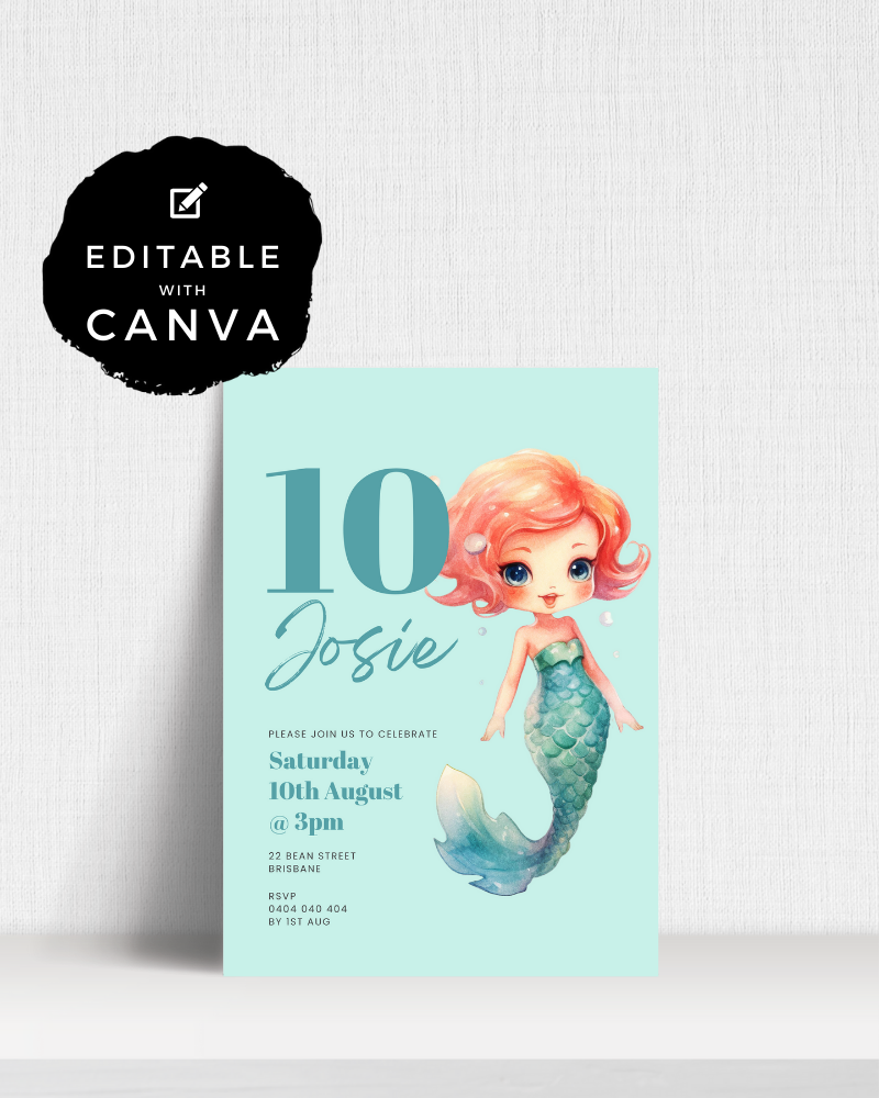 A colorful invitation featuring a mermaid with pink hair, celebrating a 10th birthday on August 10th in Brisbane.