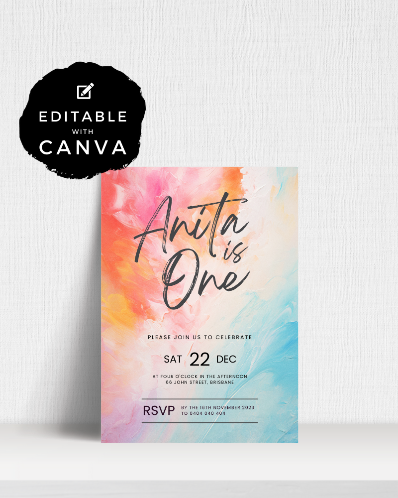 Colorful invitation featuring a playful design with the text "Anita is One" and event details in elegant fonts.