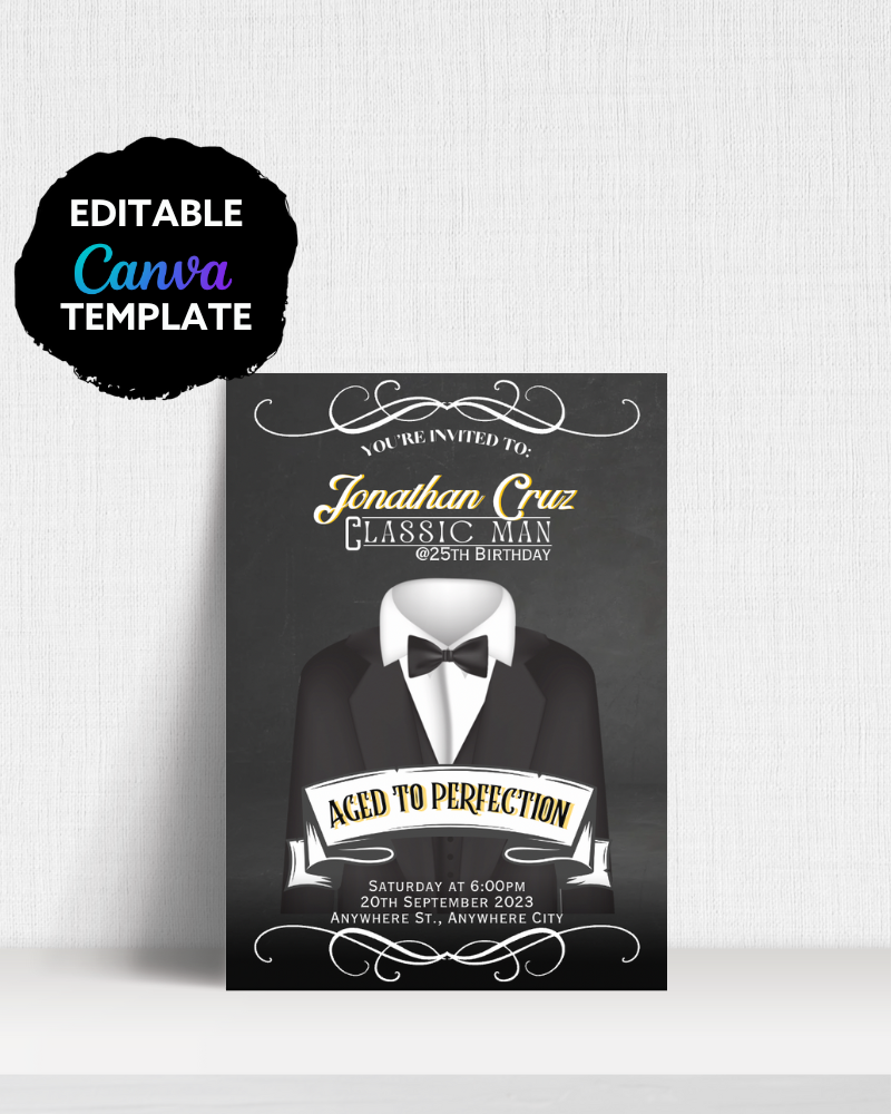 Invitation featuring a tuxedo graphic, with celebratory text for a 25th birthday event. Elegant black and gold theme.