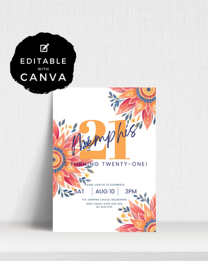 Colorful invitation featuring floral designs, celebrating a 21st birthday with event details prominently displayed.