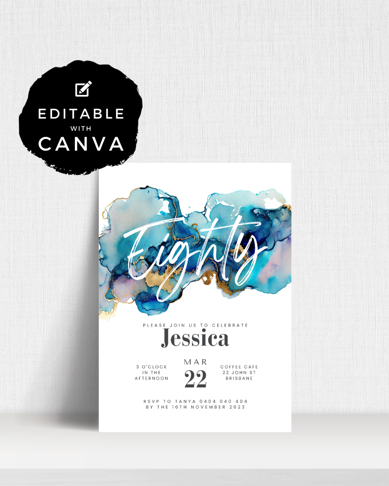 An elegant celebration invitation featuring blue watercolor accents and stylish typography for an 80th birthday.