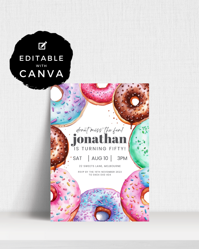 Colorful doughnuts with sprinkles surround a birthday invitation for Jonathan's 50th celebration.