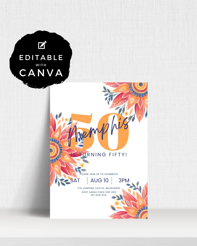 Colorful invitation featuring floral accents, celebrating a 50th birthday with event details prominently displayed.