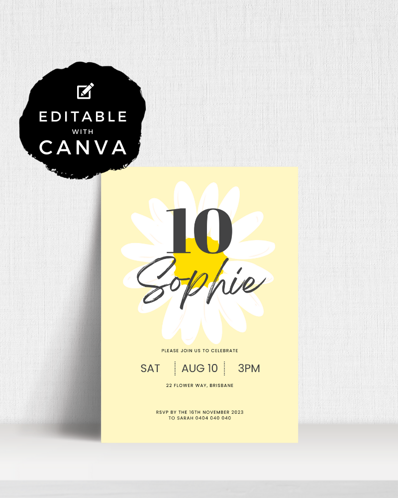 A bright yellow invitation featuring a daisy, highlighting the number 10 and the name Sophie, with RSVP details.