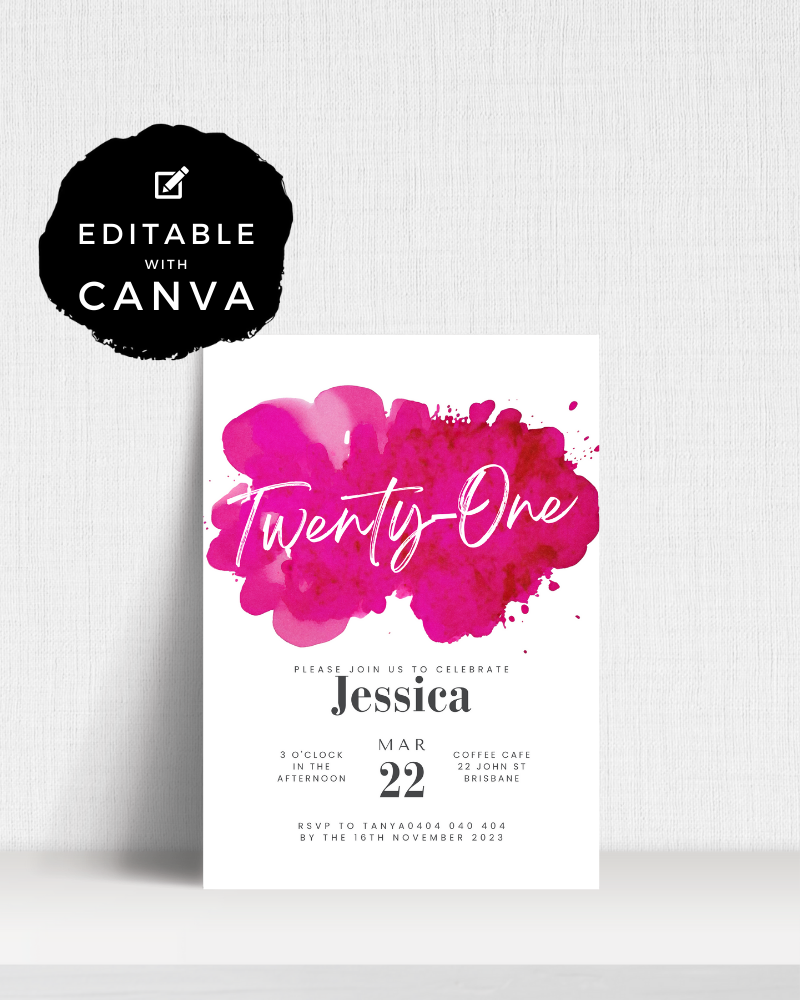 A vibrant pink watercolor splash with elegant text for a birthday celebration invitation.