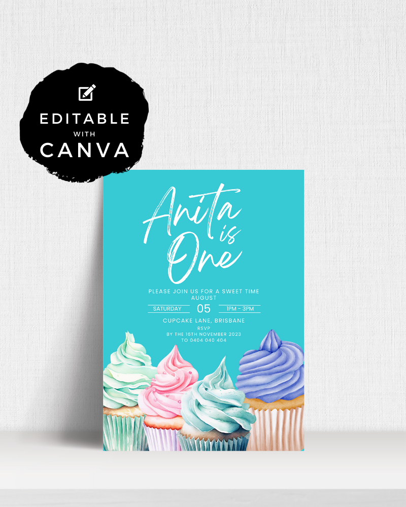 Colorful cupcakes with swirled frosting, inviting text for a birthday celebration, set against a turquoise background.