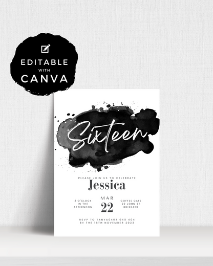 Invitation featuring a black watercolor splash, elegant typography, and event details for a sweet sixteen celebration.