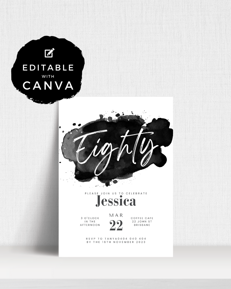 Elegant invitation featuring black watercolor splashes and bold typography for a celebration.