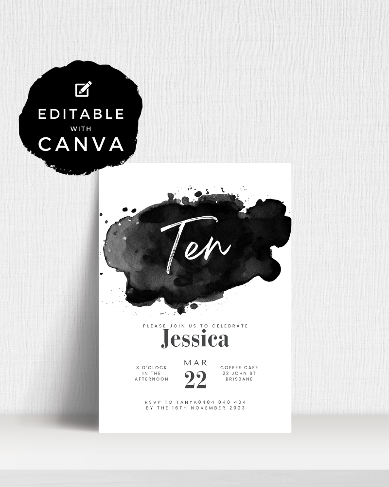 Invitation featuring elegant black watercolor accents with event details for a celebration. Editable with Canva.