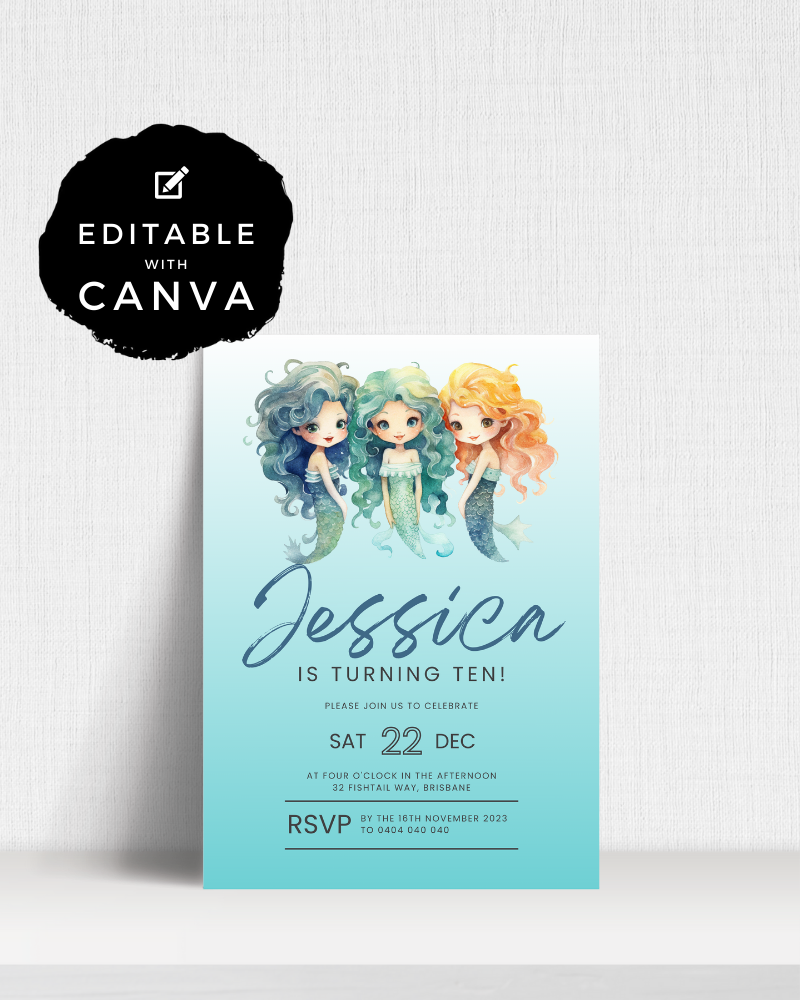 A colorful invitation featuring three playful mermaids and details for Jessica's tenth birthday celebration.