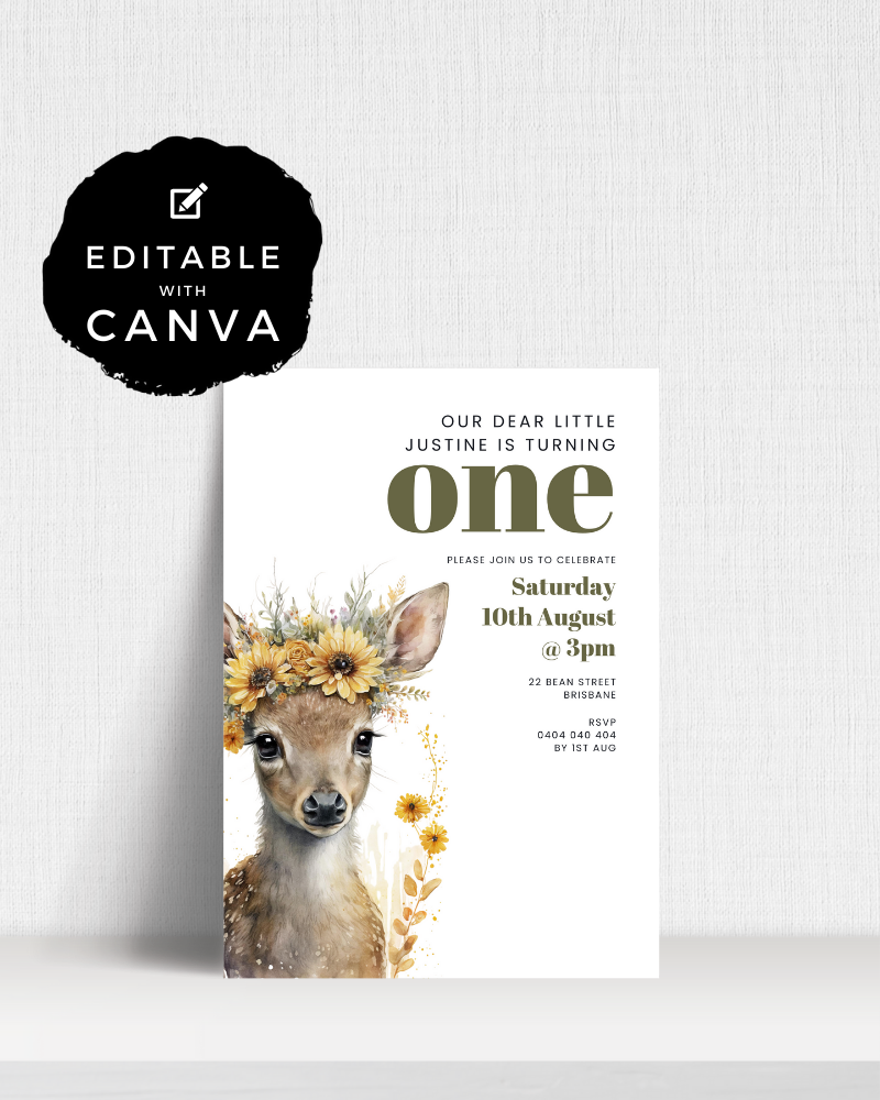 A charming illustration of a fawn adorned with a floral crown, celebrating a first birthday invitation.