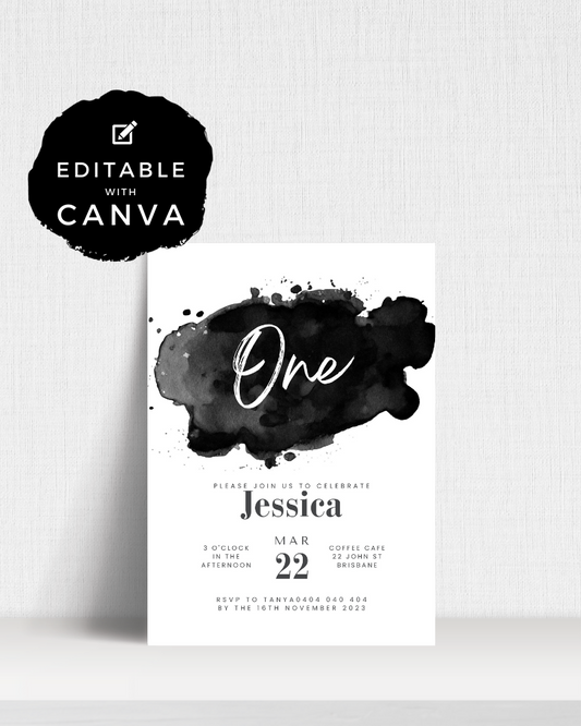 A black and white invitation featuring elegant text for a celebration, with watercolor accents and RSVP details.