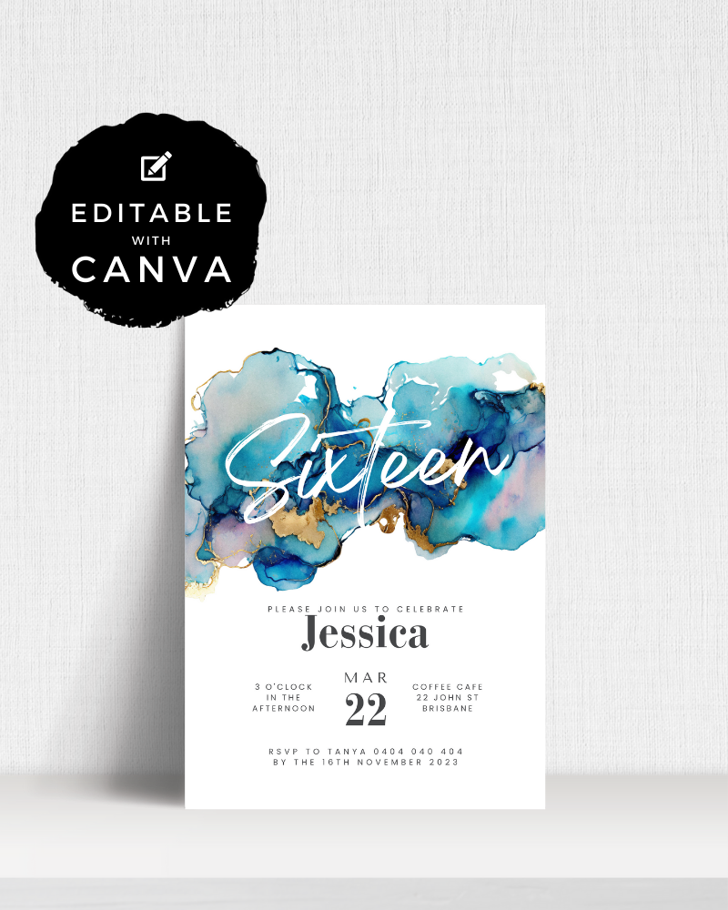 Invitation featuring blue and gold watercolor swirls, celebrating a 16th birthday for Jessica on March 22.