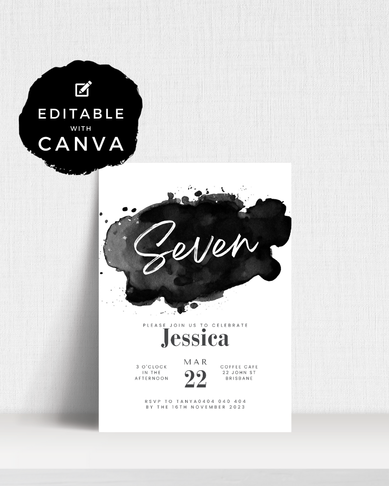 A black and white invitation featuring watercolor splashes, celebrating Jessica's seventh birthday on March 22.