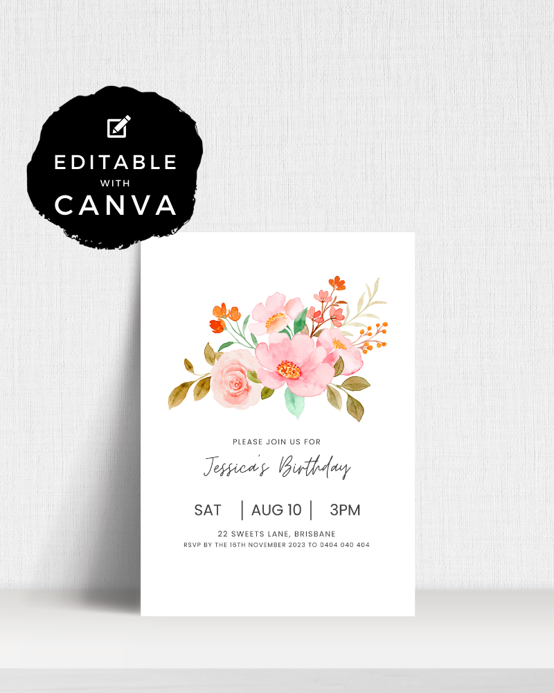 Floral invitation for a birthday celebration featuring pink and orange flowers with elegant text details.