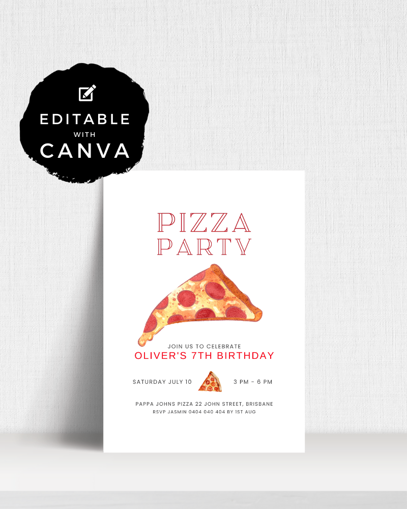 Birthday invitation featuring a slice of pepperoni pizza and details for Oliver's 7th birthday party.