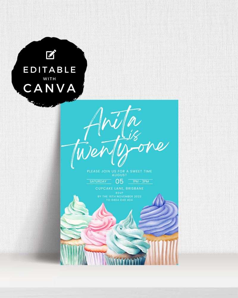 Colorful cupcakes with swirls of frosting, announcing a birthday celebration for Anita's twenty-first.