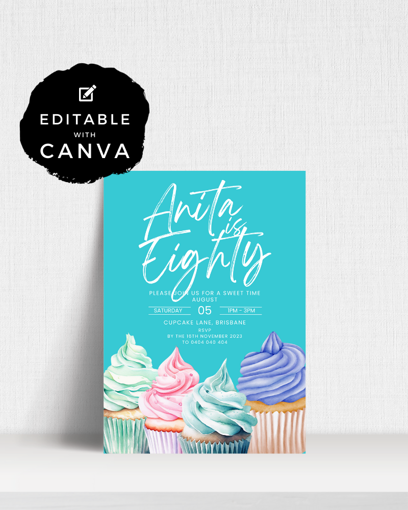 Colorful cupcakes with swirled frosting and an invitation for Anita's 80th birthday celebration on a bright turquoise backgro