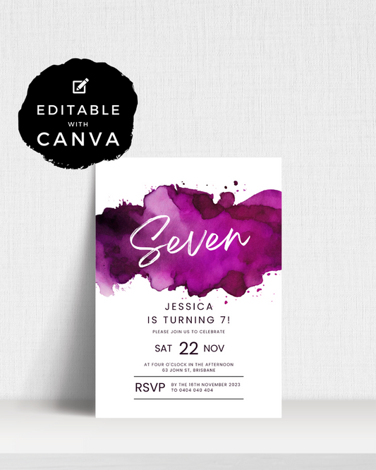 Colorful invitation featuring the number "Seven" and details for a birthday celebration in elegant typography.