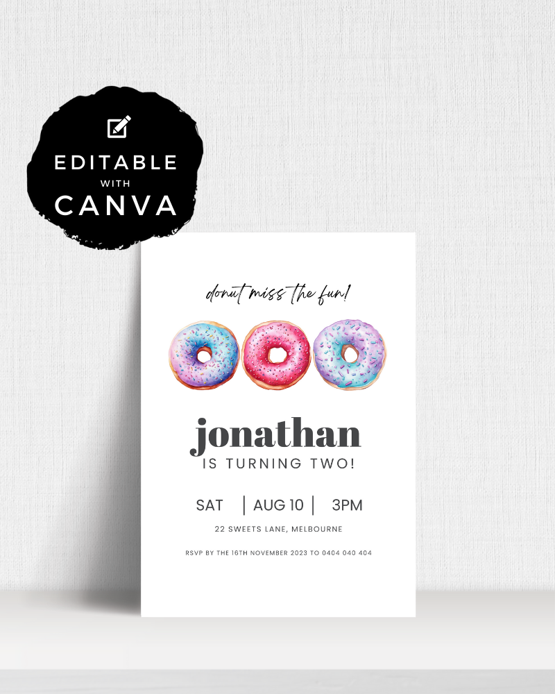 Birthday invitation featuring three colorful doughnuts, with event details and a fun tagline.
