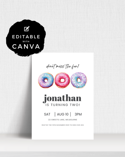 Birthday invitation featuring three colorful doughnuts, with event details and a fun tagline.