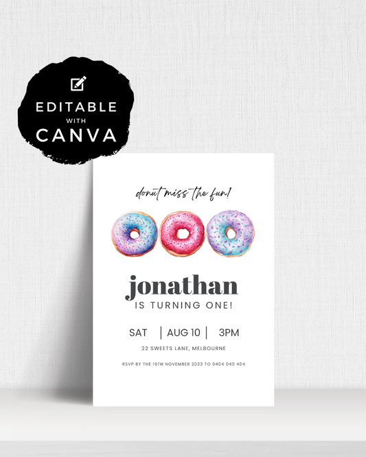 Colorful circular treats topped with sprinkles, featuring event details for a first birthday celebration.