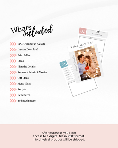 A romantic planner layout showcasing date ideas, gift suggestions, and meal plans for special occasions.