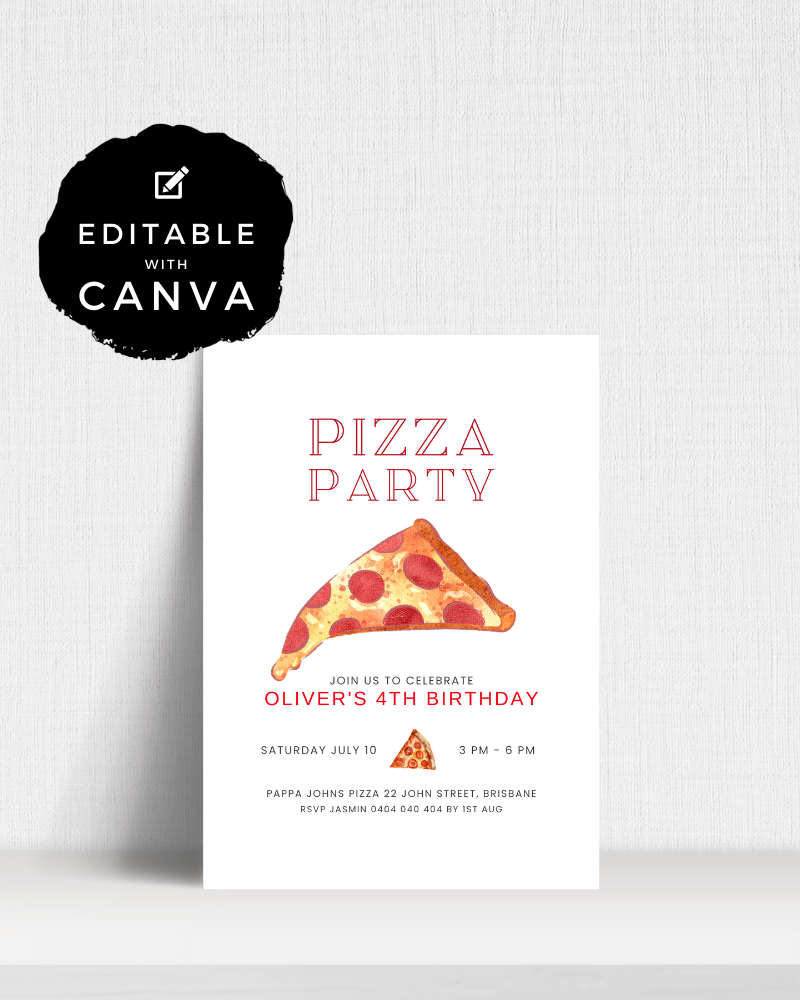 Birthday invitation featuring pizza slice, details for celebration, and editable Canva logo.