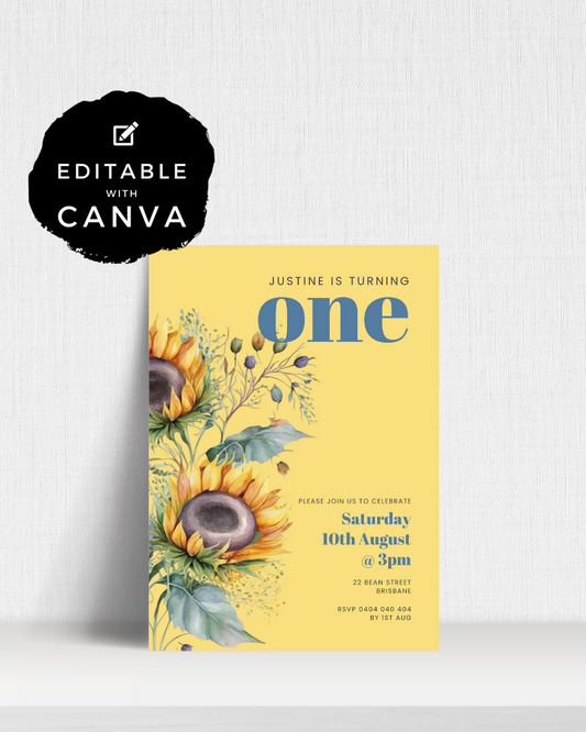 A cheerful invitation featuring sunflowers and colorful foliage, celebrating Justine's first birthday.