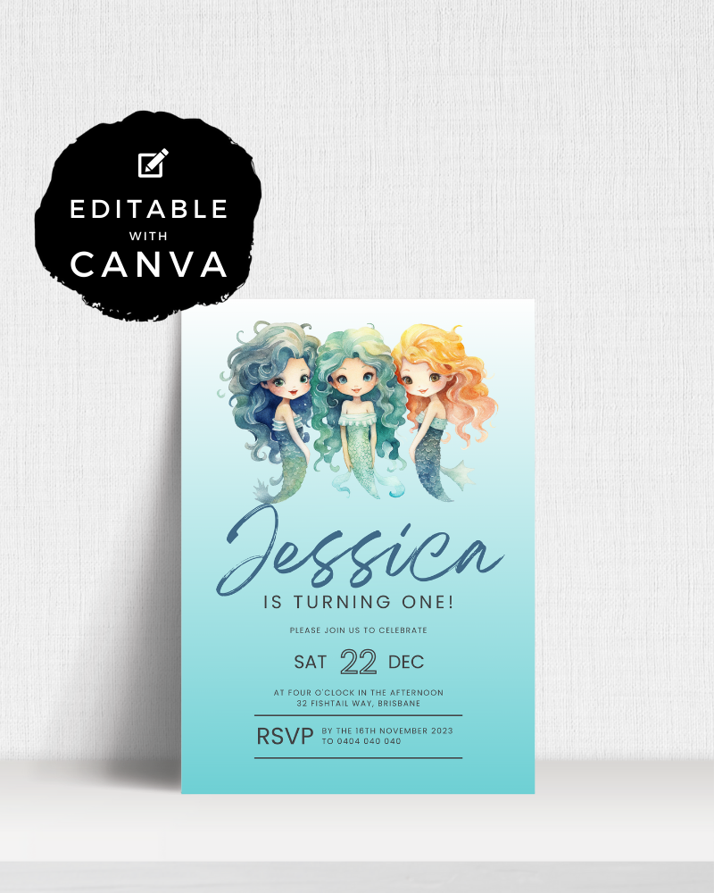 Colorful mermaids with flowing hair invite to a birthday celebration for Jessica, with RSVP details included.