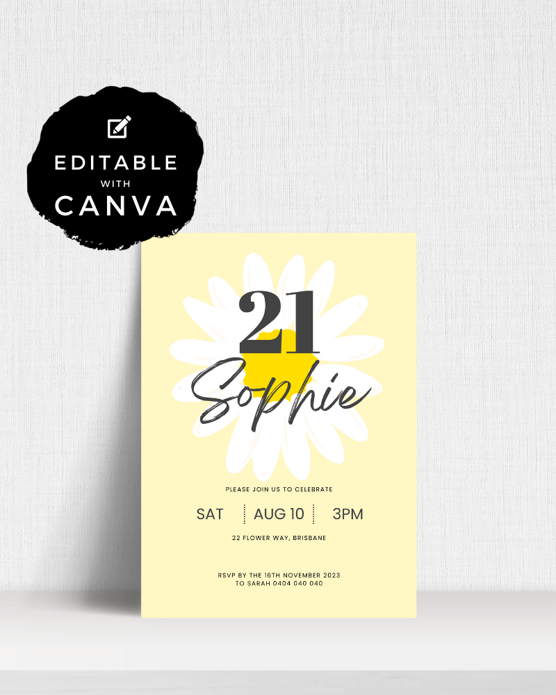 A vibrant birthday invitation featuring a daisy, announcing a celebration for Sophie’s 21st on August 10.