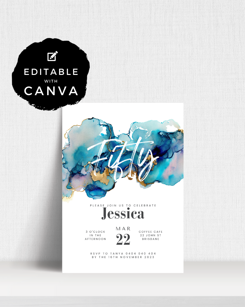 Elegant invitation featuring blue and gold watercolor accents, celebrating Jessica's 50th birthday on March 22.