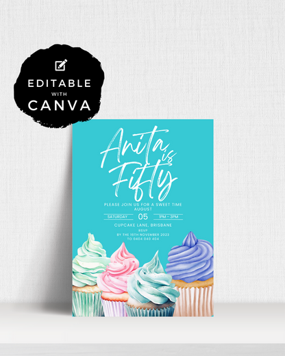 Invitation featuring colorful cupcakes with pastel frosting, announcing a 50th birthday celebration for Anita.