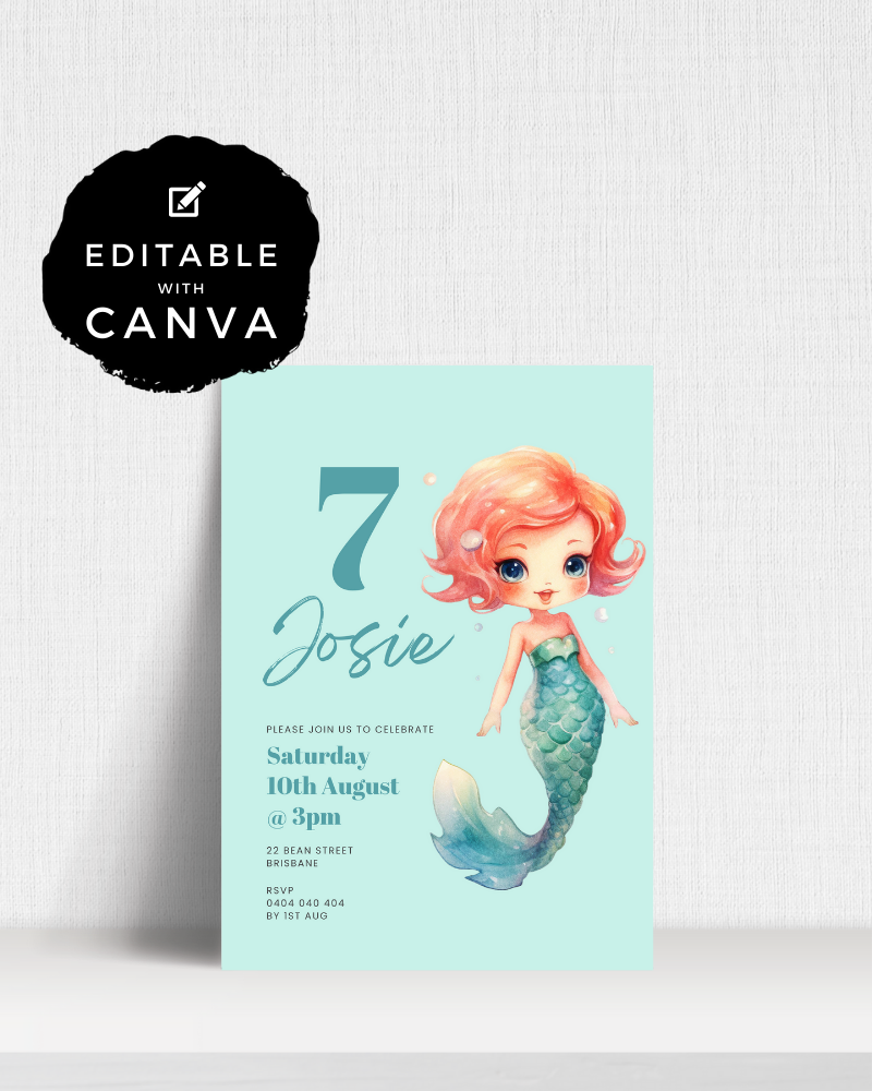 Colorful invitation featuring a cheerful mermaid with pink hair, celebrating a birthday with event details.