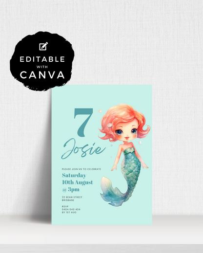 Colorful invitation featuring a cheerful mermaid with pink hair, celebrating a birthday with event details.