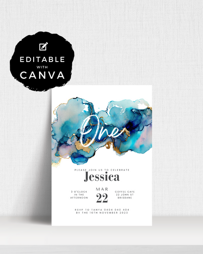 A colorful invitation featuring abstract blue and gold watercolor elements, inviting guests to celebrate Jessica's birthday.