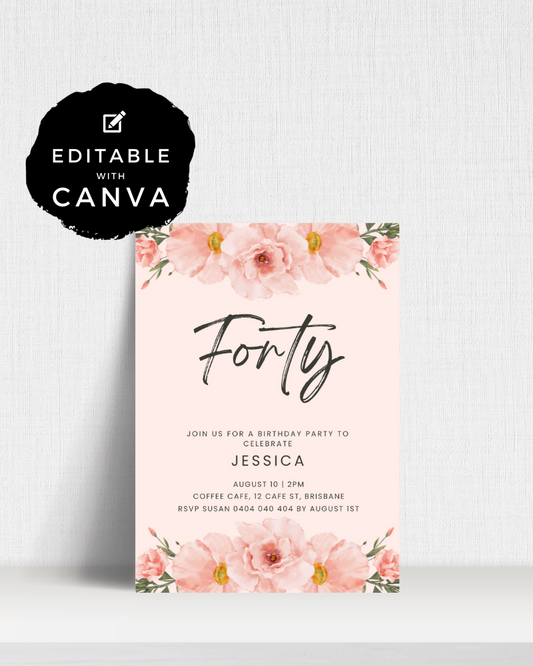 Birthday invitation featuring soft pink flowers, elegant script, and event details for Jessica's celebration.